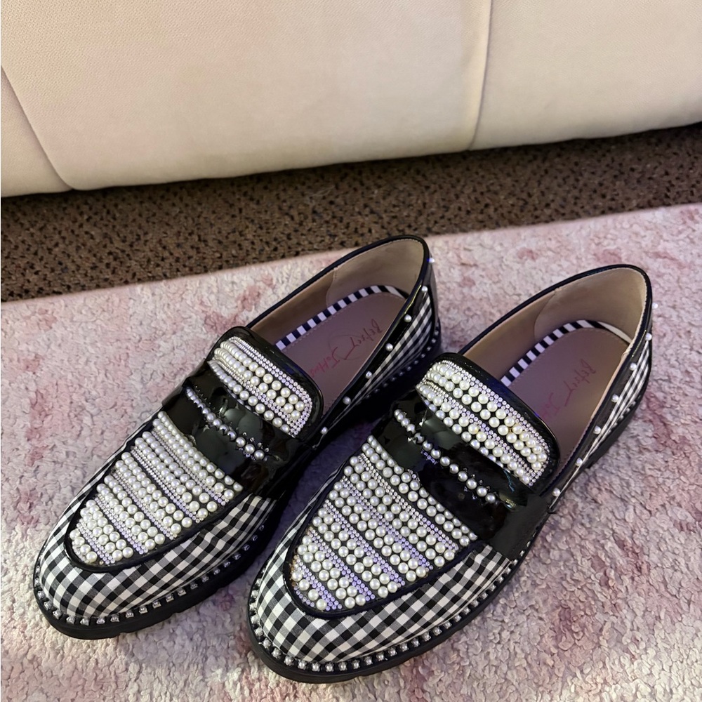 Betsey Johnson Black & White Gingham Pearl-Embellished Loafers